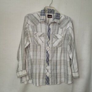 Vintage Wrangler Flannel Shirt Mens 2X Big Man‎ Grey Plaid Pearl Snap Western